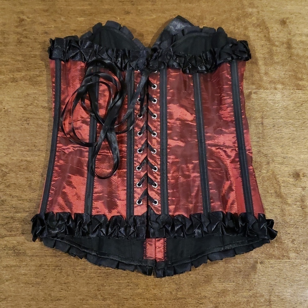 Metallic Red and Black Satin Corset Medium - Picture 4 of 5
